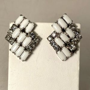 Unique Vintage mid-century 1940’s “Milk-glass” & clear rhinestone clip earrings